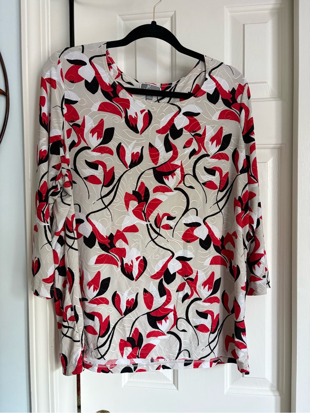 JM Collection Floral Scoop Neck Top - Red, Black & Cream